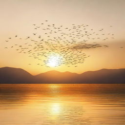 A serene image depicting the migration of birds across a clear sky at sunset