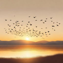 A serene image depicting the migration of birds across a clear sky at sunset