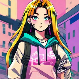 An anime girl with vibrant, expressive features, styled in a way that resembles the Grand Theft Auto (GTA) art style