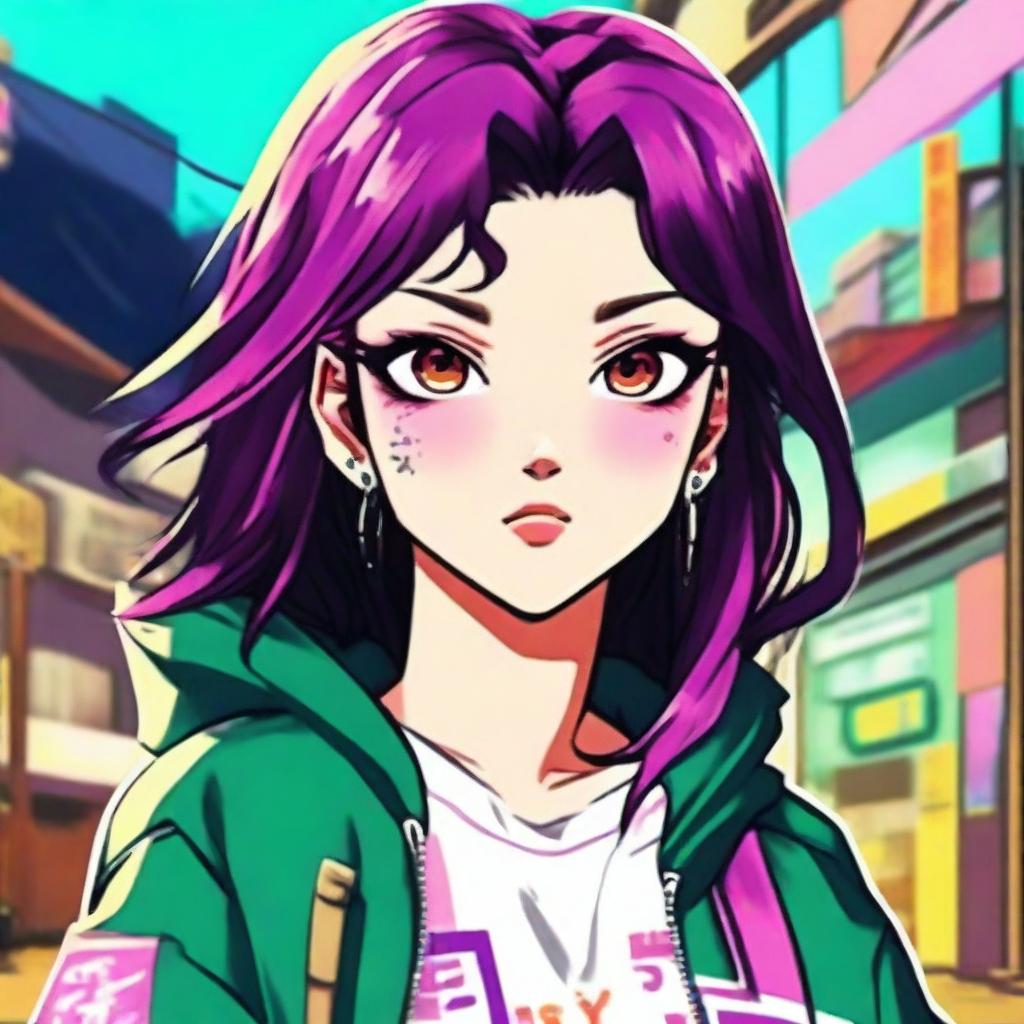 An anime girl with vibrant, expressive features, styled in a way that resembles the Grand Theft Auto (GTA) art style