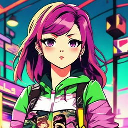 An anime girl with vibrant, expressive features, styled in a way that resembles the Grand Theft Auto (GTA) art style