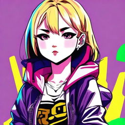 An anime girl with vibrant, expressive features, styled in a way that resembles the Grand Theft Auto (GTA) art style