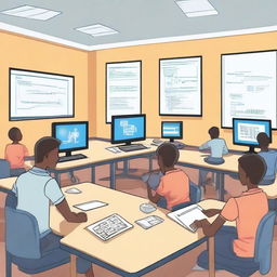 An educational scene showcasing Information and Communication Technology (ICT) in a classroom setting