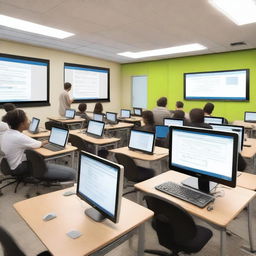 An educational scene showcasing Information and Communication Technology (ICT) in a classroom setting