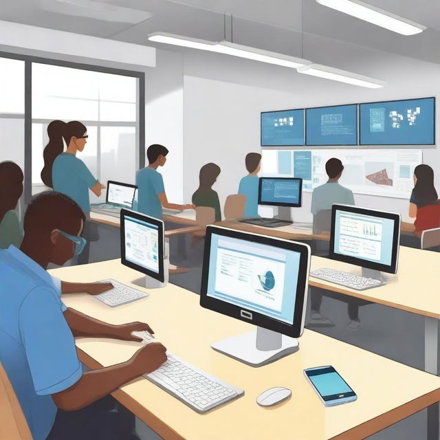 An educational scene showcasing Information and Communication Technology (ICT) in a classroom setting