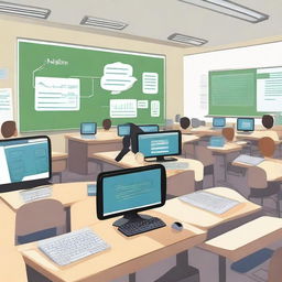 An educational scene showcasing Information and Communication Technology (ICT) in a classroom setting