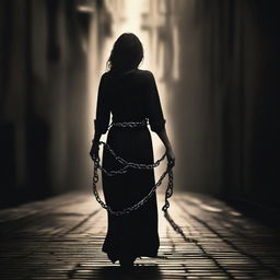 Create a dark-toned background highlighting a woman in chains