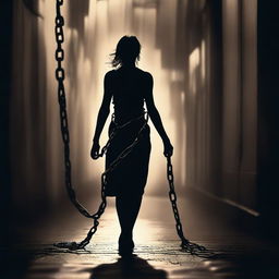 Create a dark-toned background highlighting a woman in chains