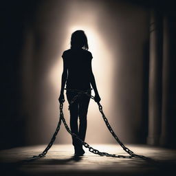 Create a dark-toned background highlighting a woman in chains