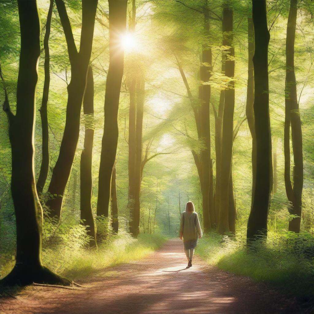 A serene and illuminated path in a lush, green forest