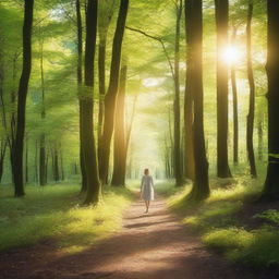 A serene and illuminated path in a lush, green forest