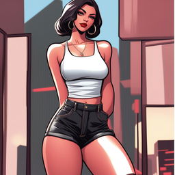 A sexy woman in a black tank top and red short shorts, wearing black high heels, with large breasts, curvy hips, and thighs, depicted in a GTA-inspired art style, suitable as a PFP