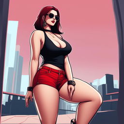 A sexy woman in a black tank top and red short shorts, wearing black high heels, with large breasts, curvy hips, and thighs, depicted in a GTA-inspired art style, suitable as a PFP