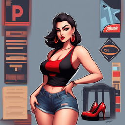 A sexy woman in a black tank top and red short shorts, wearing black high heels, with large breasts, curvy hips, and thighs, depicted in a GTA-inspired art style, suitable as a PFP