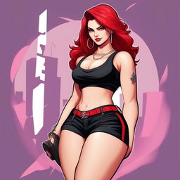 A sexy woman in a black tank top and red short shorts, wearing black high heels, with large breasts, curvy hips, and thighs, depicted in a GTA-inspired art style, suitable as a PFP