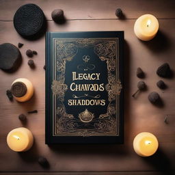 A mysterious and ancient book titled 'Legacy of Shadows' lies on a wooden table, surrounded by flickering candles