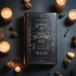 A mysterious and ancient book titled 'Legacy of Shadows' lies on a wooden table, surrounded by flickering candles