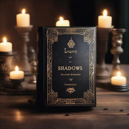 A mysterious and ancient book titled 'Legacy of Shadows' lies on a wooden table, surrounded by flickering candles