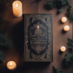 A mysterious and ancient book titled 'Legacy of Shadows' lies on a wooden table, surrounded by flickering candles