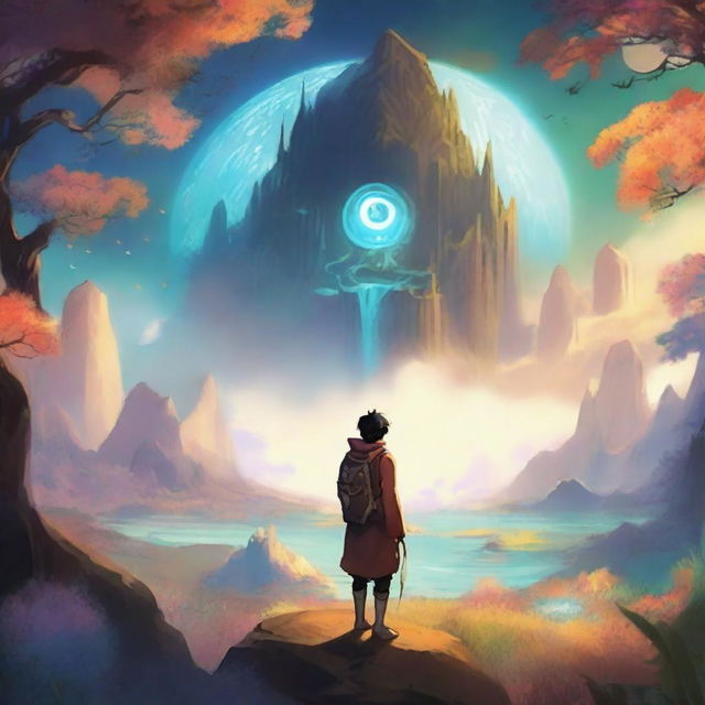 A male protagonist's soul is seen traveling through various fantastical worlds, each with unique landscapes and creatures, while he fills out a mystical, glowing questionnaire