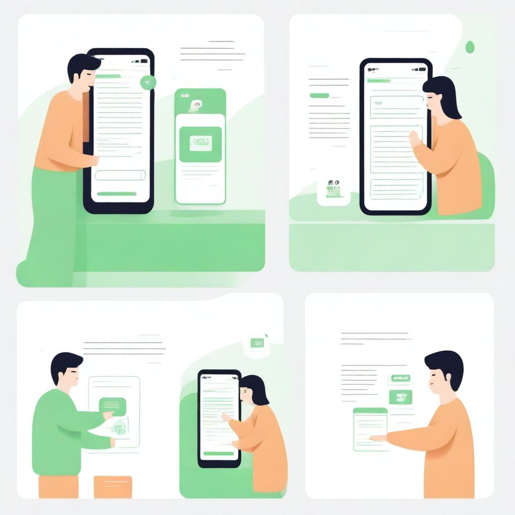 A series of illustrations depicting user interactions with a mini-program on WeChat