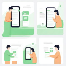 A series of illustrations depicting user interactions with a mini-program on WeChat