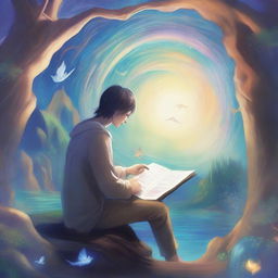 A male protagonist's soul travels through various fantastical worlds, depicted as a glowing ethereal figure, while filling out a mystical questionnaire