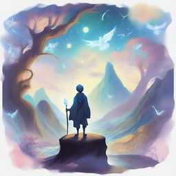 A male protagonist's soul travels through various fantastical worlds, depicted as a glowing ethereal figure, while filling out a mystical questionnaire