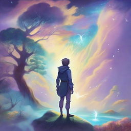 A male protagonist's soul travels through various fantastical worlds, depicted as a glowing ethereal figure, while filling out a mystical questionnaire