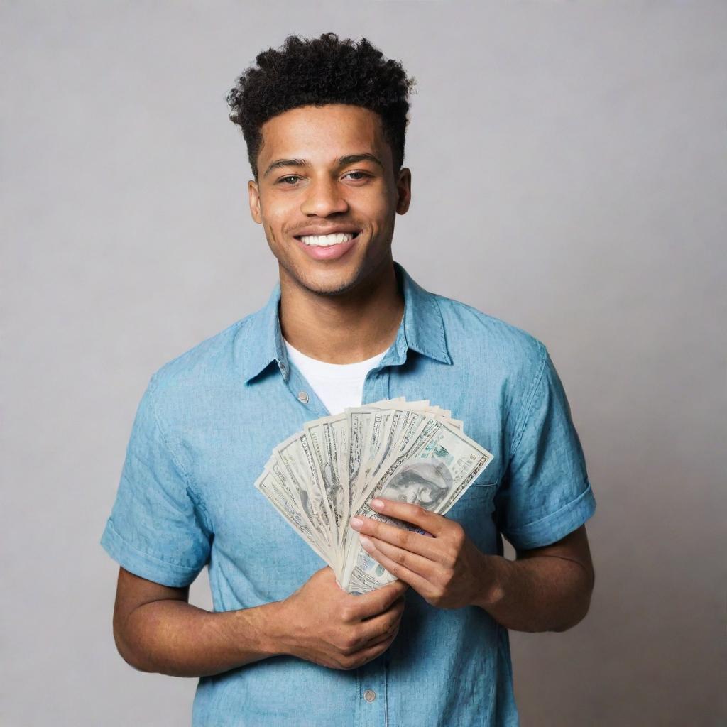 A trendy young individual casually holding a large amount of cash money.