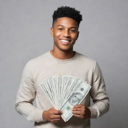 A trendy young individual casually holding a large amount of cash money.