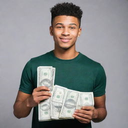 A trendy young individual casually holding a large amount of cash money.