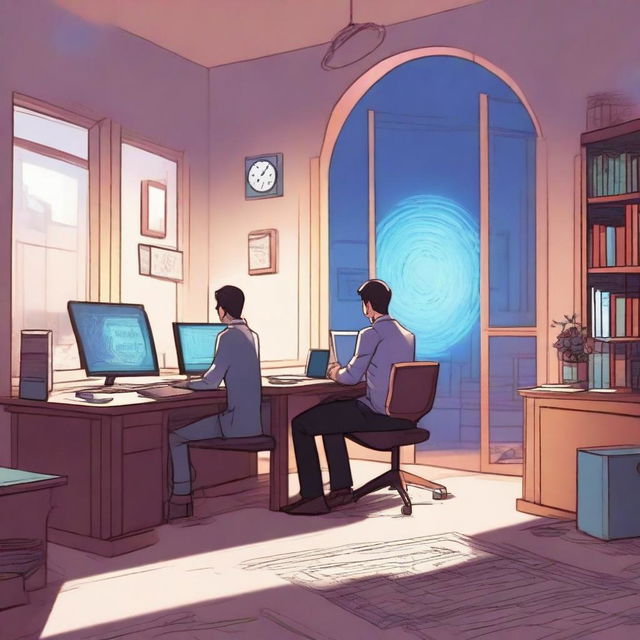 A male protagonist is working on a computer in an office when his soul is suddenly transported to another world