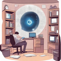 A male protagonist is working on a computer in an office when his soul is suddenly transported to another world