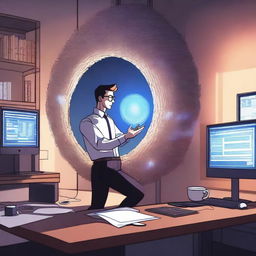 A male protagonist is working on a computer in an office when his soul is suddenly transported to another world