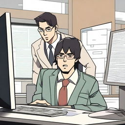 A male protagonist is in an office when he gets sucked into his computer, transporting him to another world