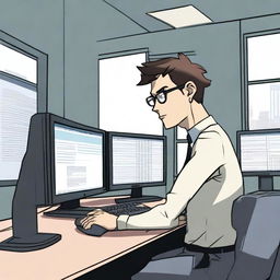 A male protagonist is in an office when he gets sucked into his computer, transporting him to another world