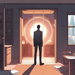 A male protagonist is in an office when his soul suddenly gets transported to another world