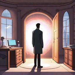 A male protagonist is in an office when his soul suddenly gets transported to another world