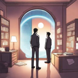 A male protagonist is in an office when his soul suddenly gets transported to another world