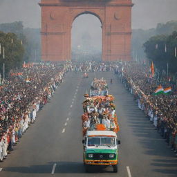 A vibrant display of India's Republic Day celebration featuring the parade with diverse cultural floats, proud Indian citizens waving tricolor flags, and the backdrop of monumental India Gate decorated with adornments.