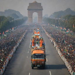 A vibrant display of India's Republic Day celebration featuring the parade with diverse cultural floats, proud Indian citizens waving tricolor flags, and the backdrop of monumental India Gate decorated with adornments.