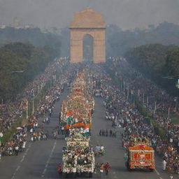 A vibrant display of India's Republic Day celebration featuring the parade with diverse cultural floats, proud Indian citizens waving tricolor flags, and the backdrop of monumental India Gate decorated with adornments.