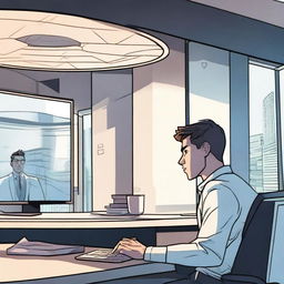 A male protagonist is in a modern office when his soul suddenly gets transported to another world