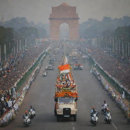 A vibrant display of India's Republic Day celebration featuring the parade with diverse cultural floats, proud Indian citizens waving tricolor flags, and the backdrop of monumental India Gate decorated with adornments.