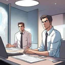 A male protagonist is in a modern office when his soul suddenly gets transported to another world