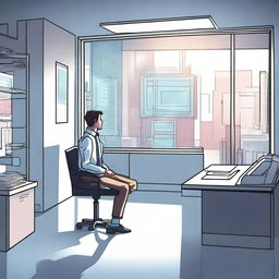 A male protagonist is in a modern office when his soul suddenly gets transported to another world