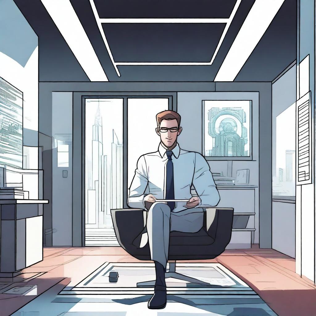 A male protagonist is in a modern office when his soul suddenly gets transported to another world