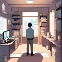 A male protagonist is in a typical office workspace when his soul suddenly gets transported to another world