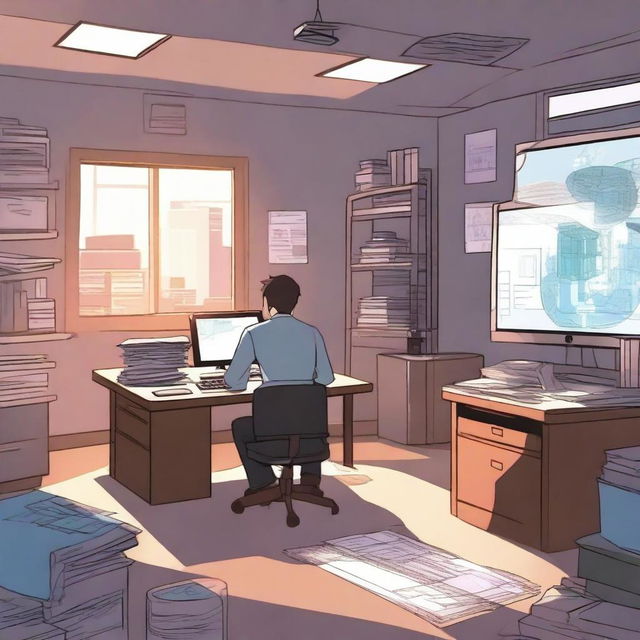 A male protagonist is in a typical office workspace when his soul suddenly gets transported to another world